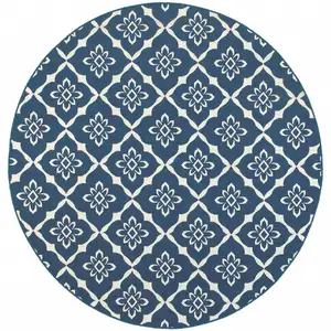 Photo of 8' Round Navy Round Floral Stain Resistant Indoor Outdoor Area Rug