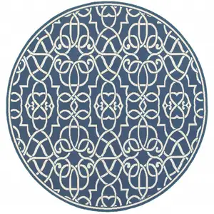 Photo of 8' Round Navy Round Geometric Stain Resistant Indoor Outdoor Area Rug