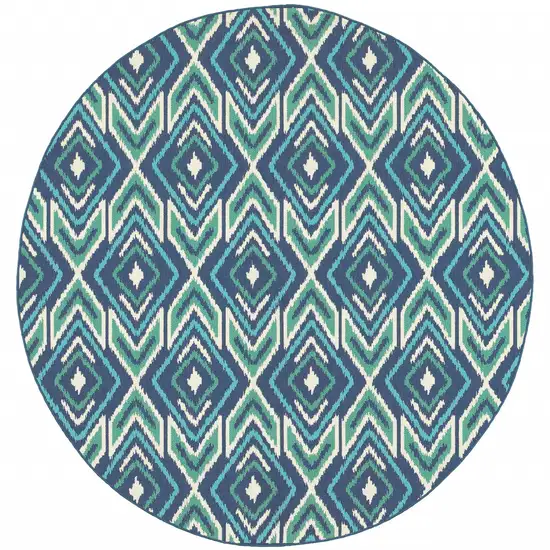 8' Round Navy Round Geometric Stain Resistant Indoor Outdoor Area Rug Photo 1