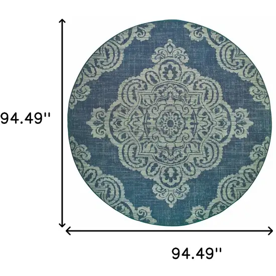 8' Round Navy Round Oriental Stain Resistant Indoor Outdoor Area Rug Photo 5