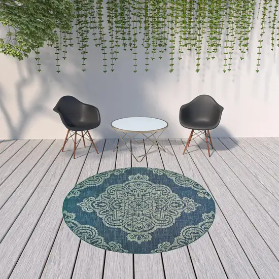 8' Round Navy Round Oriental Stain Resistant Indoor Outdoor Area Rug Photo 2