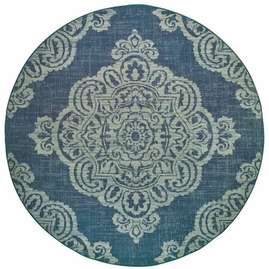 8' Round Navy Round Oriental Stain Resistant Indoor Outdoor Area Rug Photo 1