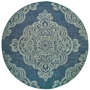 Photo of 8' Round Navy Round Oriental Stain Resistant Indoor Outdoor Area Rug