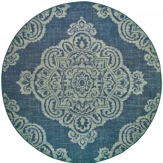 8' Round Navy Round Oriental Stain Resistant Indoor Outdoor Area Rug Photo 4