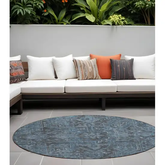 8' Round Navy and Black Round Oriental Washable Non Skid Indoor Outdoor Area Rug Photo 1