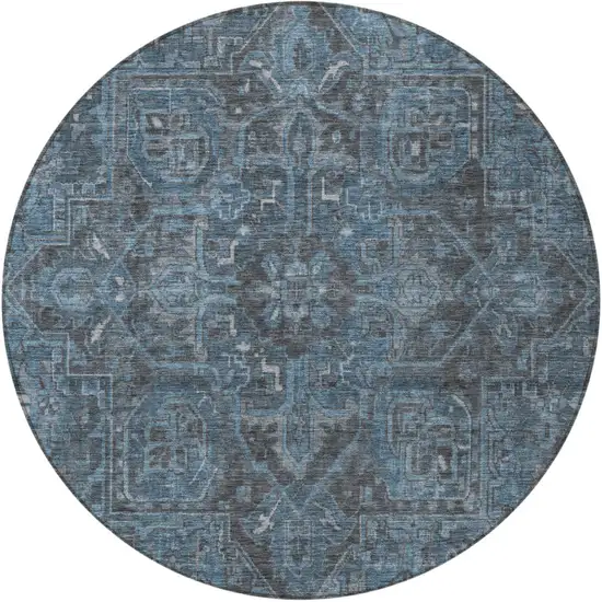 8' Round Navy and Black Round Oriental Washable Non Skid Indoor Outdoor Area Rug Photo 4