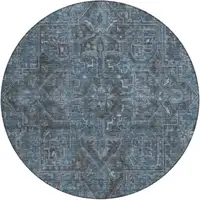 Photo of 8' Round Navy and Black Round Oriental Washable Non Skid Indoor Outdoor Area Rug