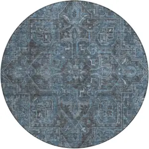 Photo of 8' Round Navy and Black Round Oriental Washable Non Skid Indoor Outdoor Area Rug