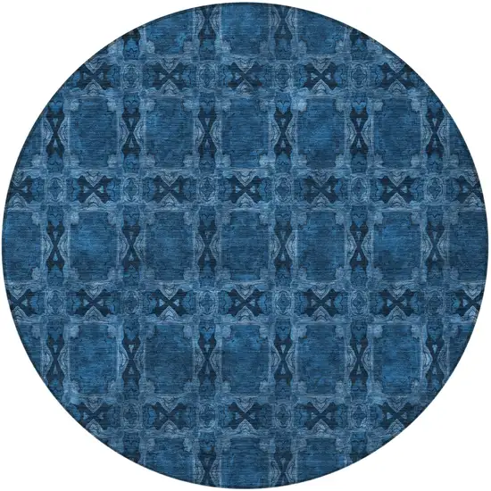 8' Round Navy and Gray Round Floral Medallion Washable Non Skid Indoor Outdoor Area Rug Photo 5