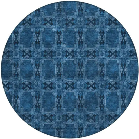 Navy and Gray Round Floral Medallion Washable Non Skid Indoor Outdoor Area Rug Photo 2