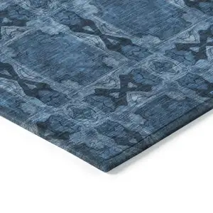 Photo of 8' Round Navy and Gray Round Floral Medallion Washable Non Skid Indoor Outdoor Area Rug