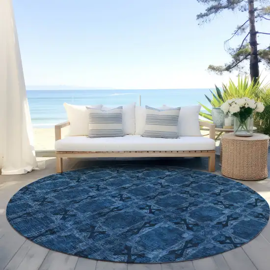 8' Round Navy and Gray Round Floral Medallion Washable Non Skid Indoor Outdoor Area Rug Photo 8