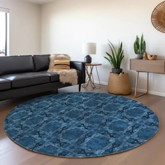 8' Round Navy and Gray Round Floral Medallion Washable Non Skid Indoor Outdoor Area Rug Photo 9