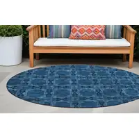 Photo of 8' Round Navy and Gray Round Floral Medallion Washable Non Skid Indoor Outdoor Area Rug