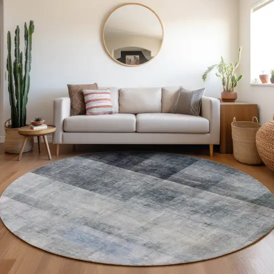 8' Round Navy and Gray Round Ombre Washable Non Skid Indoor Outdoor Area Rug Photo 9