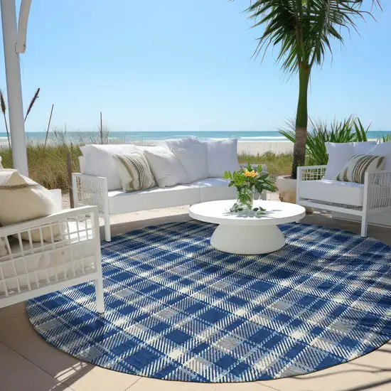 Navy and Ivory Round Plaid Washable Non Skid Indoor Outdoor Area Rug Photo 8