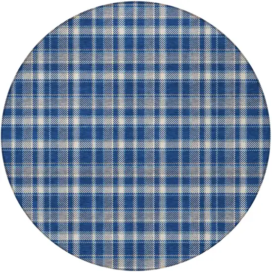 8' Round Navy and Ivory Round Plaid Washable Non Skid Indoor Outdoor Area Rug Photo 5