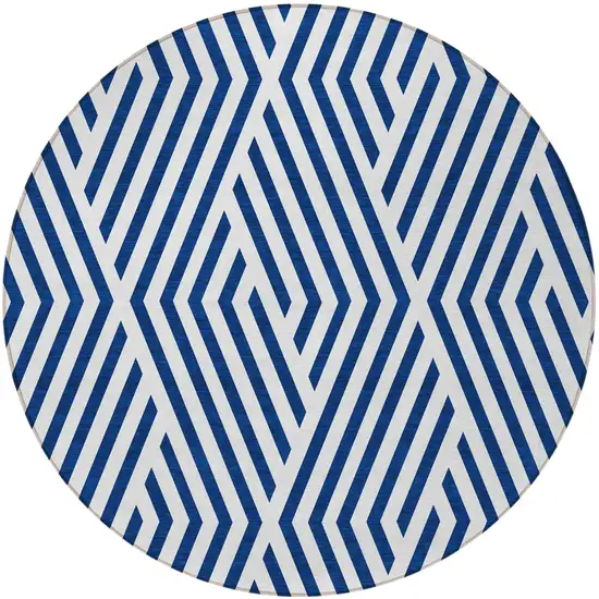 Navy and White Round Geometric Washable Non Skid Indoor Outdoor Area Rug Photo 4