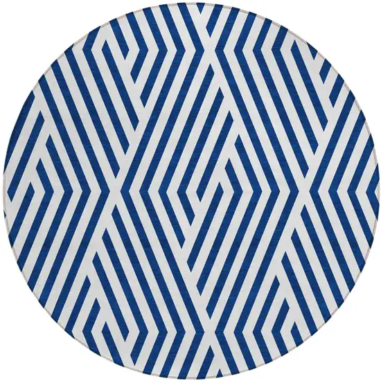 Navy and White Round Geometric Washable Non Skid Indoor Outdoor Area Rug Photo 2