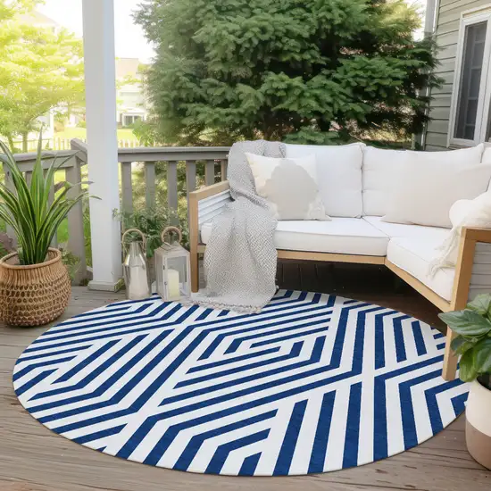 Navy and White Round Geometric Washable Non Skid Indoor Outdoor Area Rug Photo 8