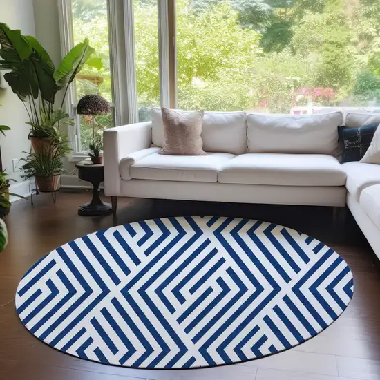 Navy and White Round Geometric Washable Non Skid Indoor Outdoor Area Rug Photo 9