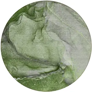 Photo of 8' Round Olive Green Round Abstract Washable Non Skid Indoor Outdoor Area Rug