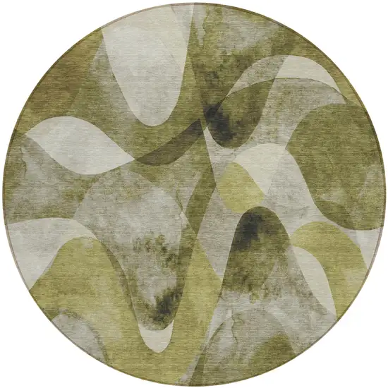 8' Round Olive Green Round Abstract Washable Non Skid Indoor Outdoor Area Rug Photo 1