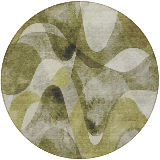 8' Round Olive Green Round Abstract Washable Non Skid Indoor Outdoor Area Rug Photo 2