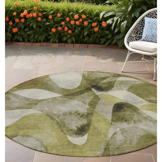 Olive Green Round Abstract Washable Non Skid Indoor Outdoor Area Rug Photo 1