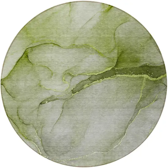 Olive Green Round Abstract Washable Non Skid Indoor Outdoor Area Rug Photo 5