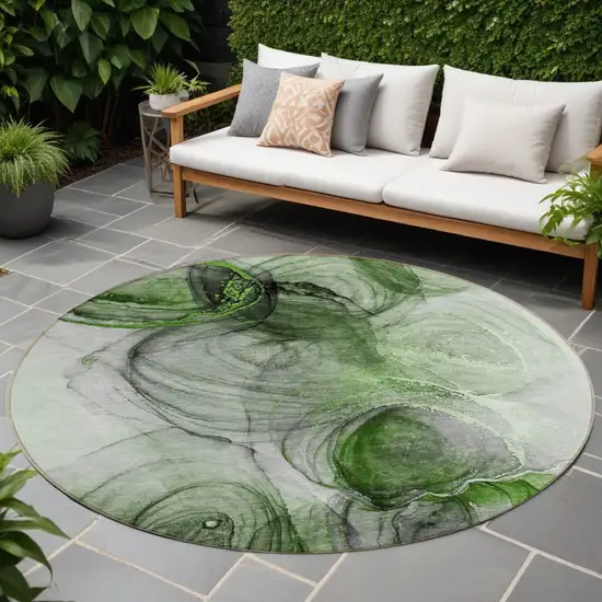 Olive Green Round Abstract Washable Non Skid Indoor Outdoor Area Rug Photo 1