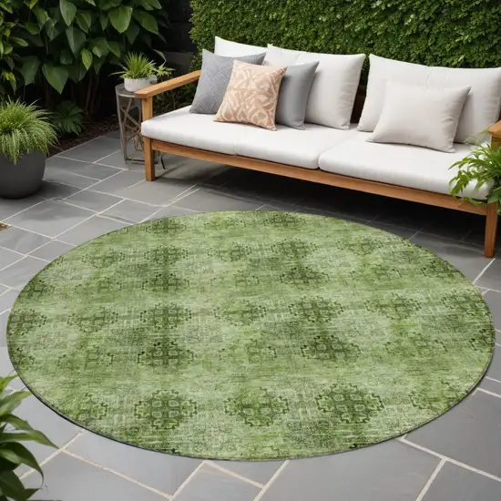 Olive Green Round Floral Medallion Washable Non Skid Indoor Outdoor Area Rug Photo 1