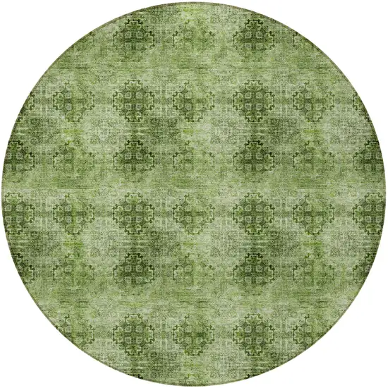 8' Round Olive Green Round Floral Medallion Washable Non Skid Indoor Outdoor Area Rug Photo 2