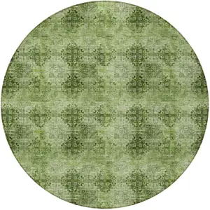 Photo of 8' Round Olive Green Round Floral Medallion Washable Non Skid Indoor Outdoor Area Rug