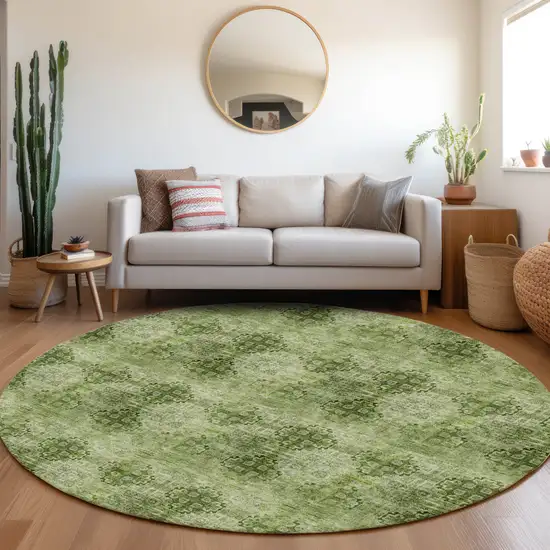 Olive Green Round Floral Medallion Washable Non Skid Indoor Outdoor Area Rug Photo 7