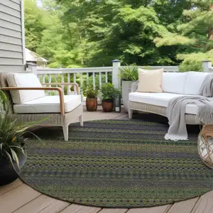 Photo of 8' Round Olive Green Round Striped Washable Non Skid Indoor Outdoor Area Rug