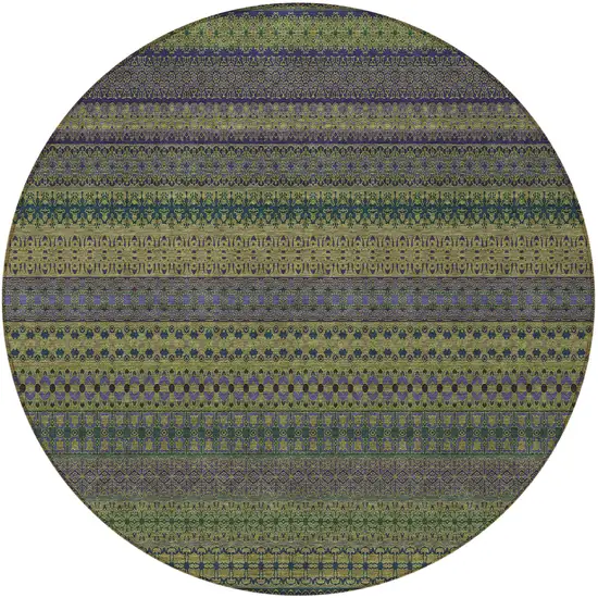 8' Round Olive Green Round Striped Washable Non Skid Indoor Outdoor Area Rug Photo 5