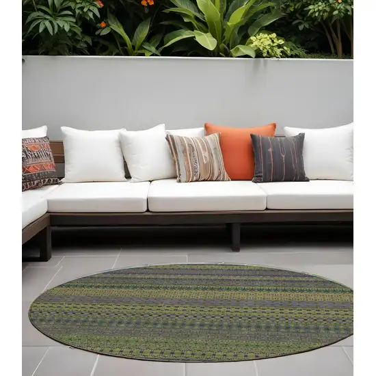 8' Round Olive Green Round Striped Washable Non Skid Indoor Outdoor Area Rug Photo 1