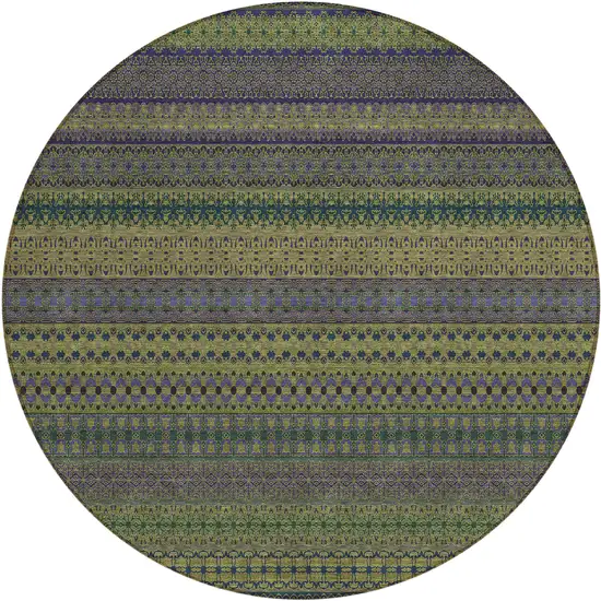 8' Round Olive Green Round Striped Washable Non Skid Indoor Outdoor Area Rug Photo 2