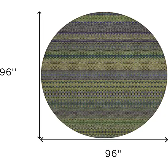 8' Round Olive Green Round Striped Washable Non Skid Indoor Outdoor Area Rug Photo 3