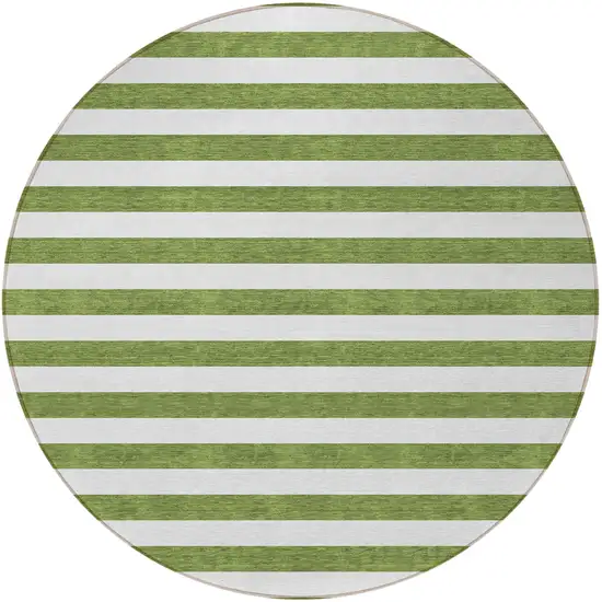 8' Round Olive Green Round Striped Washable Non Skid Indoor Outdoor Area Rug Photo 5