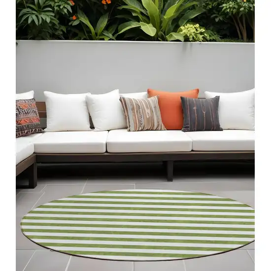 Olive Green Round Striped Washable Non Skid Indoor Outdoor Area Rug Photo 1