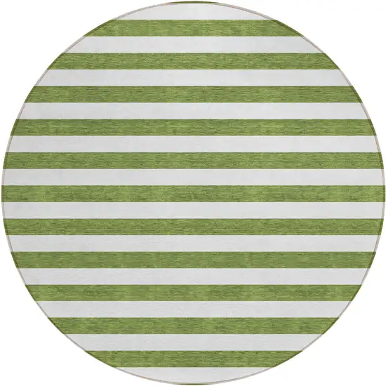 8' Round Olive Green Round Striped Washable Non Skid Indoor Outdoor Area Rug Photo 2