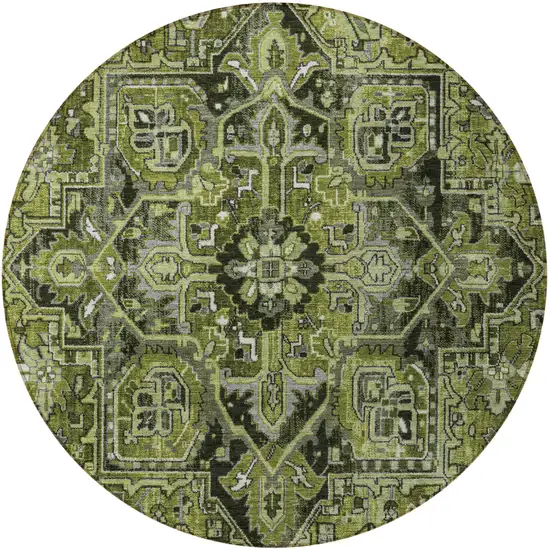 8' Round Olive Green and Dark Green Round Oriental Washable Non Skid Indoor Outdoor Area Rug Photo 5