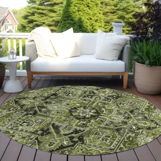 Olive Green and Dark Green Round Oriental Washable Non Skid Indoor Outdoor Area Rug Photo 8