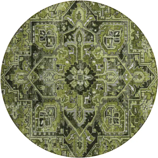 8' Round Olive Green and Dark Green Round Oriental Washable Non Skid Indoor Outdoor Area Rug Photo 2