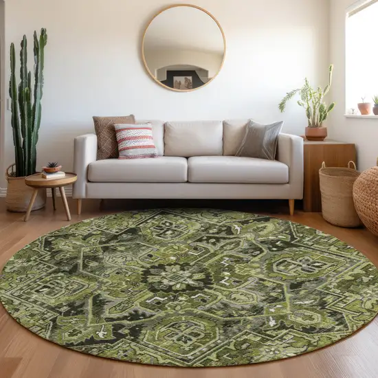 8' Round Olive Green and Dark Green Round Oriental Washable Non Skid Indoor Outdoor Area Rug Photo 9