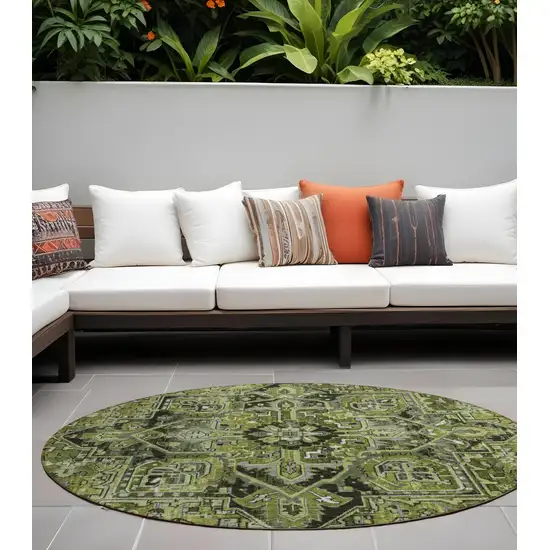 8' Round Olive Green and Dark Green Round Oriental Washable Non Skid Indoor Outdoor Area Rug Photo 1