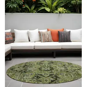 Photo of 8' Round Olive Green and Dark Green Round Oriental Washable Non Skid Indoor Outdoor Area Rug