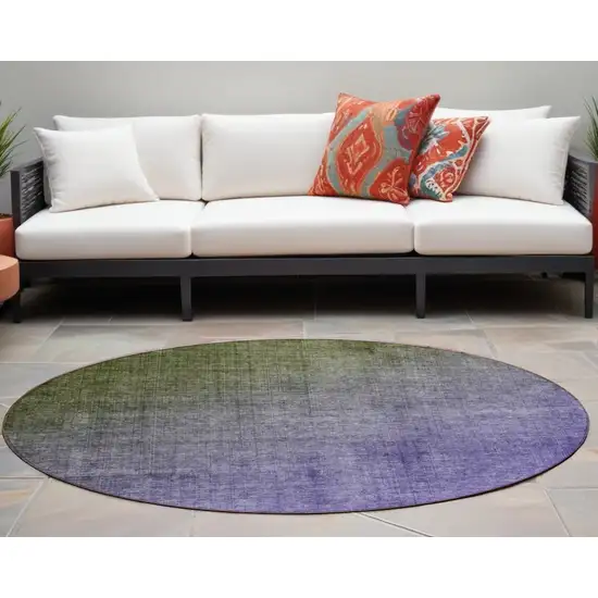 8' Round Olive Green and Purple Round Ombre Washable Non Skid Indoor Outdoor Area Rug Photo 1